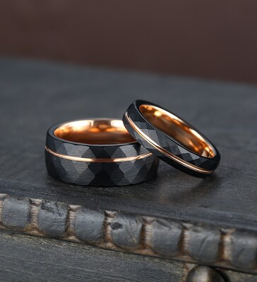 Men's wedding band, rose gold strip, black hammered tungsten carbide ring, gift for him, men's wedding ring, black ring, comfort fit ring - image1